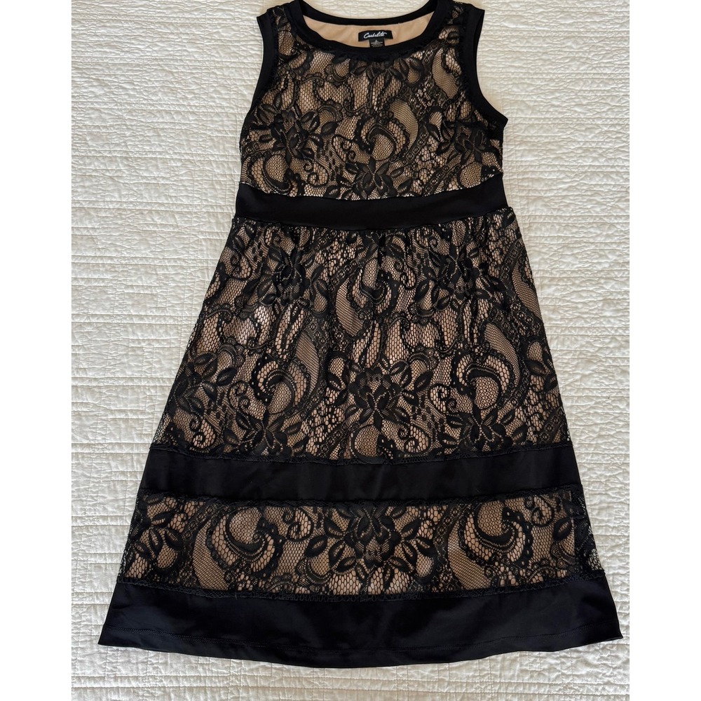 Candalite Womens Black Lace‎ Sleeveless Cocktail Dress Tan Lining Large